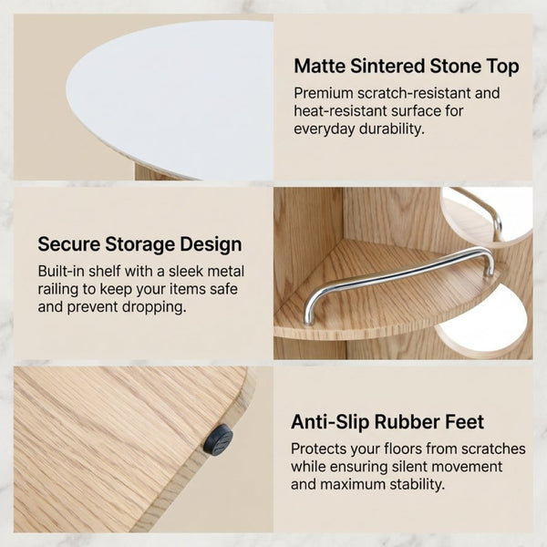 English Elm Medieval-style Sintered Stone Round Dining Table with Storage Shelf for Compact Spaces White Wood Grain W1151S04970