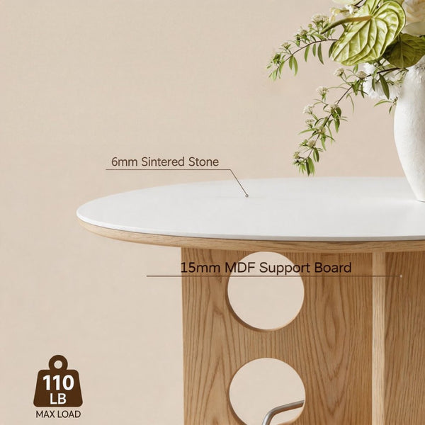 English Elm Medieval-style Sintered Stone Round Dining Table with Storage Shelf for Compact Spaces White Wood Grain W1151S04970