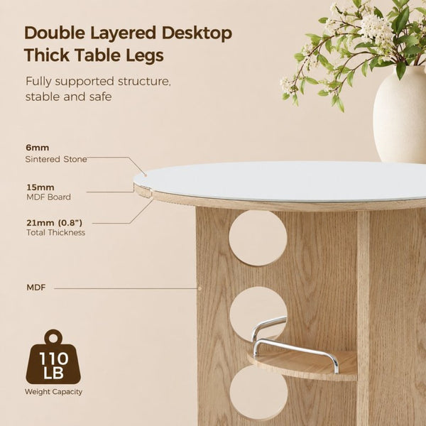 English Elm Medieval-style Sintered Stone Round Dining Table with Storage Shelf for Compact Spaces White Wood Grain W1151S04970