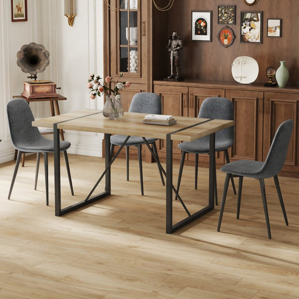 English Elm Table and Chair Set Seats Four with Mdf Wood Top Black Metal Legs Industrial Style W1151S04971
