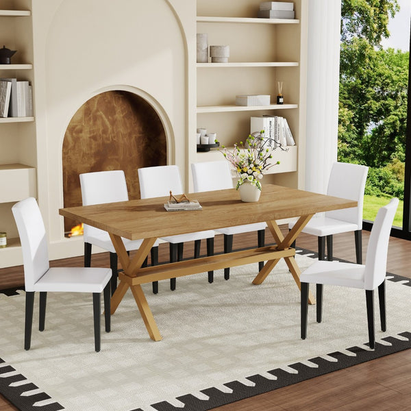 English Elm Table and Chair Set 7 Piece Industrial Walnut Mdf Top X Frame Dining Room White+Black, Wood W1151S04974