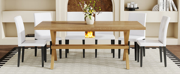 English Elm Table and Chair Set 7 Piece Industrial Walnut Mdf Top X Frame Dining Room White+Black, Wood W1151S04974