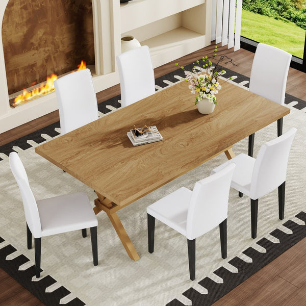 English Elm Table and Chair Set 7 Piece Industrial Walnut Mdf Top X Frame Dining Room White+Black, Wood W1151S04974