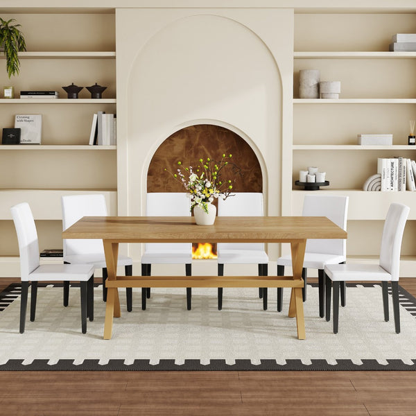 English Elm Table and Chair Set 7 Piece Industrial Walnut Mdf Top X Frame Dining Room White+Black, Wood W1151S04974