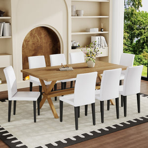 English Elm Table and Chair Set Seats 8 Walnut Mdf Top X Frame Base with Pu Dining Chairs White+Black, Wood W1151S04975