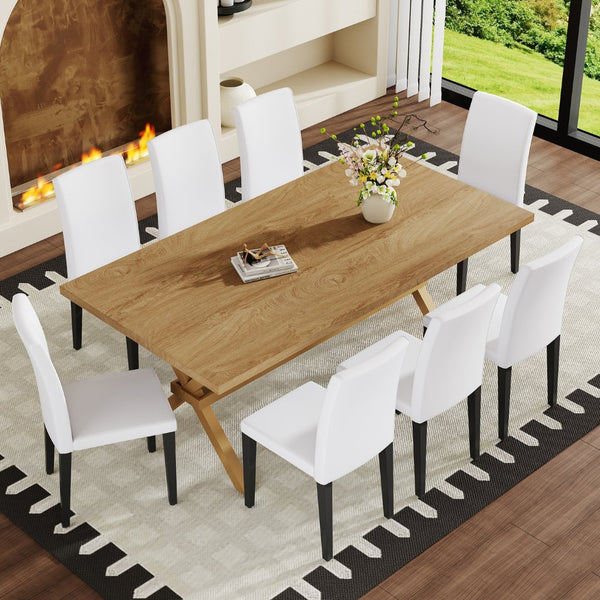 English Elm Table and Chair Set Seats 8 Walnut Mdf Top X Frame Base with Pu Dining Chairs White+Black, Wood W1151S04975