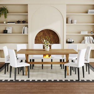English Elm Table and Chair Set Seats 8 Walnut Mdf Top X Frame Base with Pu Dining Chairs White+Black, Wood W1151S04975