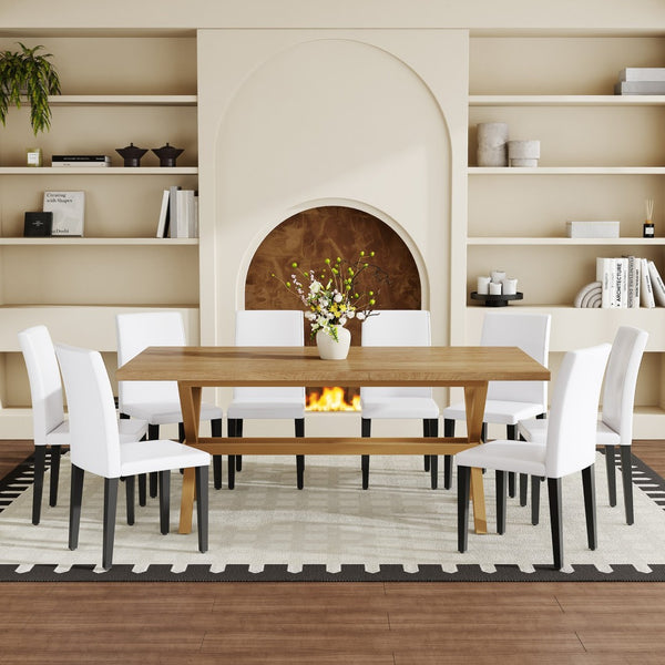 English Elm Table and Chair Set Seats 8 Walnut Mdf Top X Frame Base with Pu Dining Chairs White+Black, Wood W1151S04975