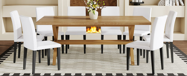 English Elm Table and Chair Set Seats 8 Walnut Mdf Top X Frame Base with Pu Dining Chairs White+Black, Wood W1151S04975