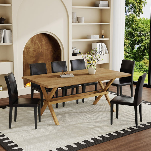 English Elm Table and Chair Set Walnut Mdf Top X Frame Industrial Dining for Six Black + Wood W1151S04976