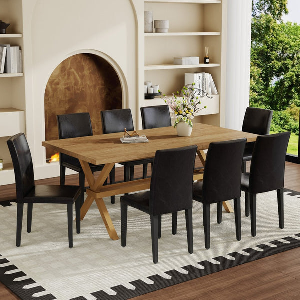 English Elm Table and Chair Set Seating 8 with Wood Grain Mdf Top and Matte Black X Base W1151S04977