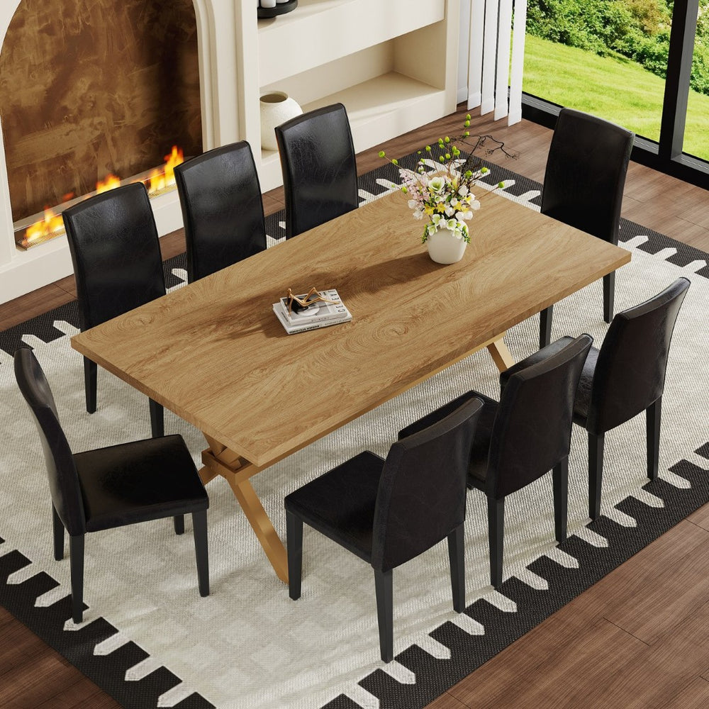 English Elm Table and Chair Set Seating 8 with Wood Grain Mdf Top and Matte Black X Base W1151S04977