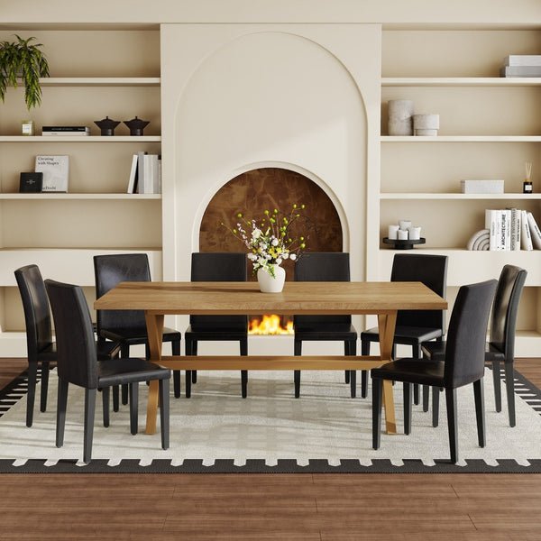 English Elm Table and Chair Set Seating 8 with Wood Grain Mdf Top and Matte Black X Base W1151S04977