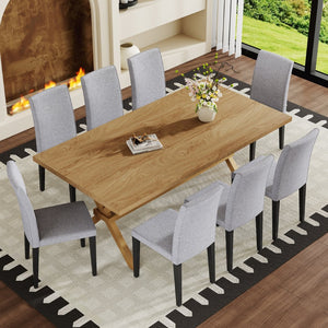 English Elm Table and Chair Set 9 Piece Industrial Dining with Linen Upholstered Seats for 8 Black, Light Gray, Wood W1151S04979