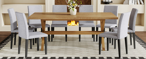 English Elm Table and Chair Set 9 Piece Industrial Dining with Linen Upholstered Seats for 8 Black, Light Gray, Wood W1151S04979