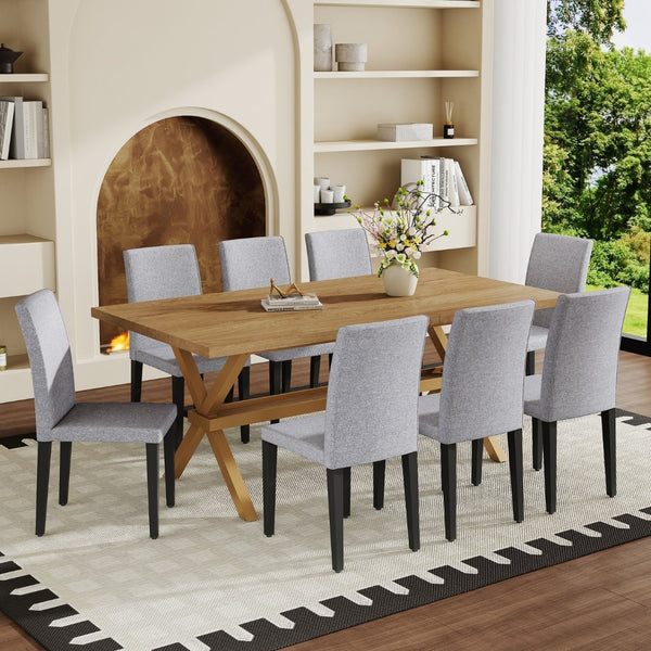 English Elm Table and Chair Set 9 Piece Industrial Dining with Linen Upholstered Seats for 8 Black, Light Gray, Wood W1151S04979
