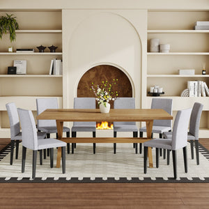 English Elm Table and Chair Set 9 Piece Industrial Dining with Linen Upholstered Seats for 8 Black, Light Gray, Wood W1151S04979