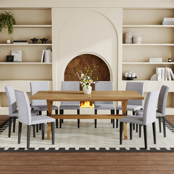 English Elm Table and Chair Set 9 Piece Industrial Dining with Linen Upholstered Seats for 8 Black, Light Gray, Wood W1151S04979
