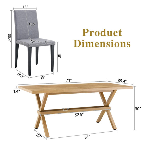 English Elm Table and Chair Set 9 Piece Industrial Dining with Linen Upholstered Seats for 8 Black, Light Gray, Wood W1151S04979
