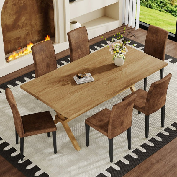 English Elm Table and Chair Set Six Seat Wood Grain MDF Top with X Frame Dining Room W1151S04980