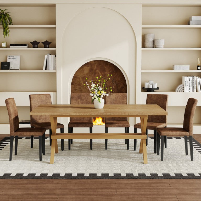 English Elm Table and Chair Set Six Seat Wood Grain MDF Top with X Frame Dining Room W1151S04980