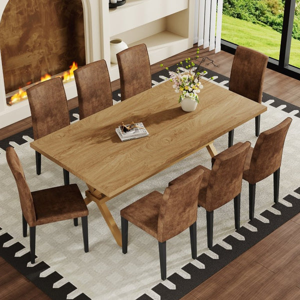 English Elm Table and Chair Set Eight Seat Wood Grain MDF Top with X Frame Base and Fabric Dining W1151S04981