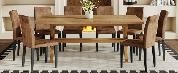 English Elm Table and Chair Set Eight Seat Wood Grain MDF Top with X Frame Base and Fabric Dining W1151S04981
