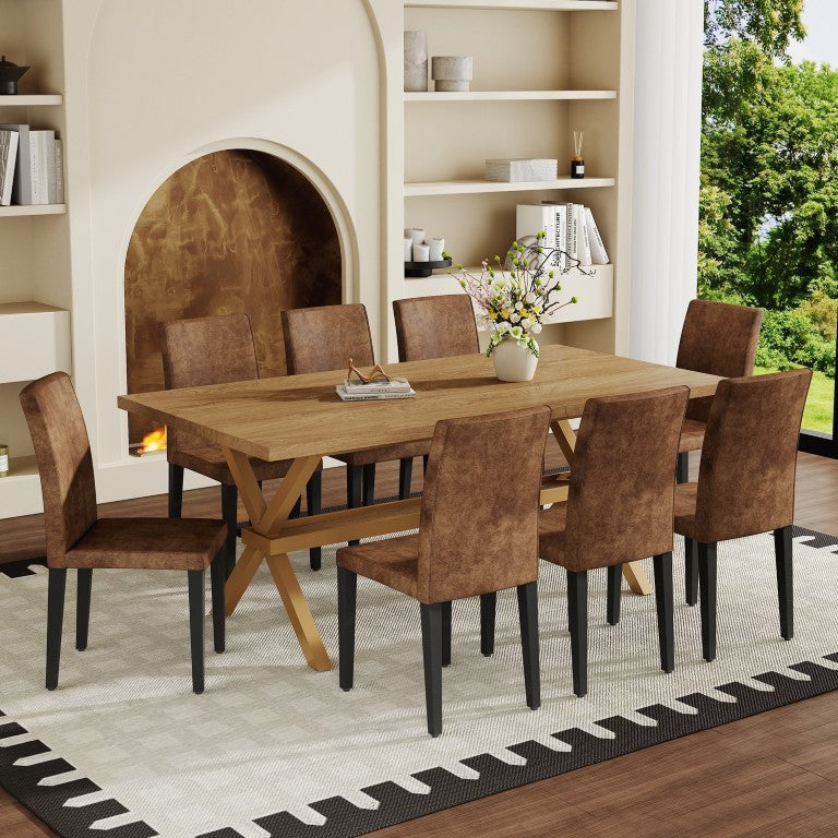 English Elm Table and Chair Set Eight Seat Wood Grain MDF Top with X Frame Base and Fabric Dining W1151S04981