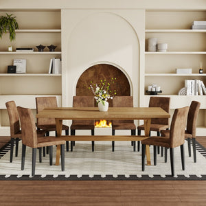 English Elm Table and Chair Set Eight Seat Wood Grain MDF Top with X Frame Base and Fabric Dining W1151S04981
