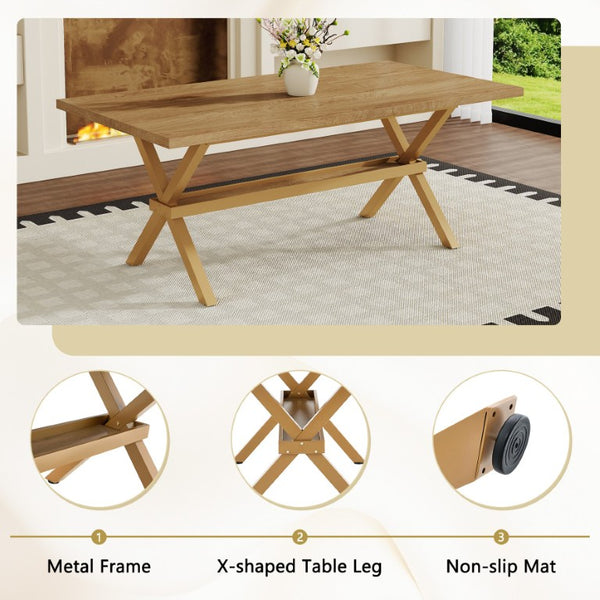 English Elm Table and Chair Set Eight Seat Wood Grain MDF Top with X Frame Base and Fabric Dining W1151S04981