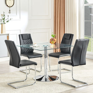 English Elm Table and Chair Set Square Tempered Glass Top Silver Pedestal Base with 4 Pu Seats Black W1151S04982