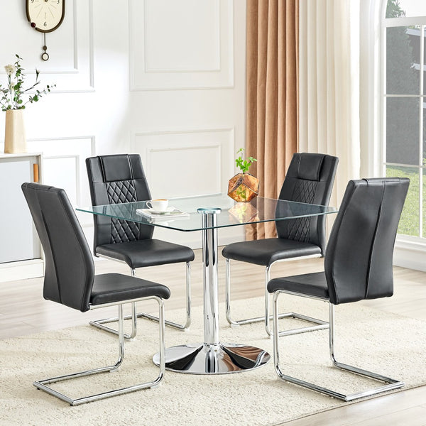 English Elm Table and Chair Set Square Tempered Glass Top Silver Pedestal Base with 4 Pu Seats Black W1151S04982