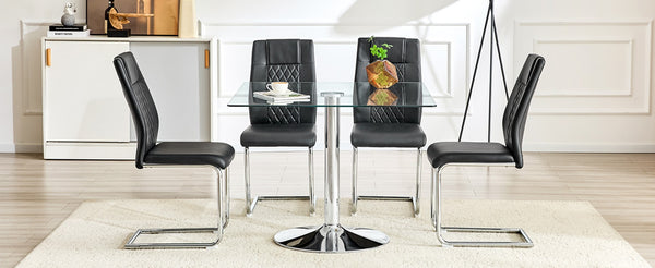 English Elm Table and Chair Set Square Tempered Glass Top Silver Pedestal Base with 4 Pu Seats Black W1151S04982
