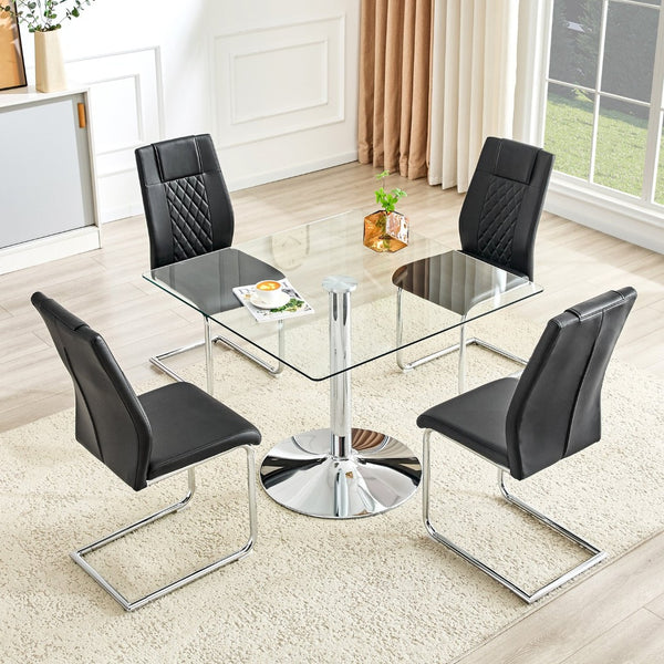 English Elm Table and Chair Set Square Tempered Glass Top Silver Pedestal Base with 4 Pu Seats Black W1151S04982