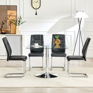 English Elm Table and Chair Set Square Tempered Glass Top Silver Pedestal Base with 4 Pu Seats Black W1151S04982