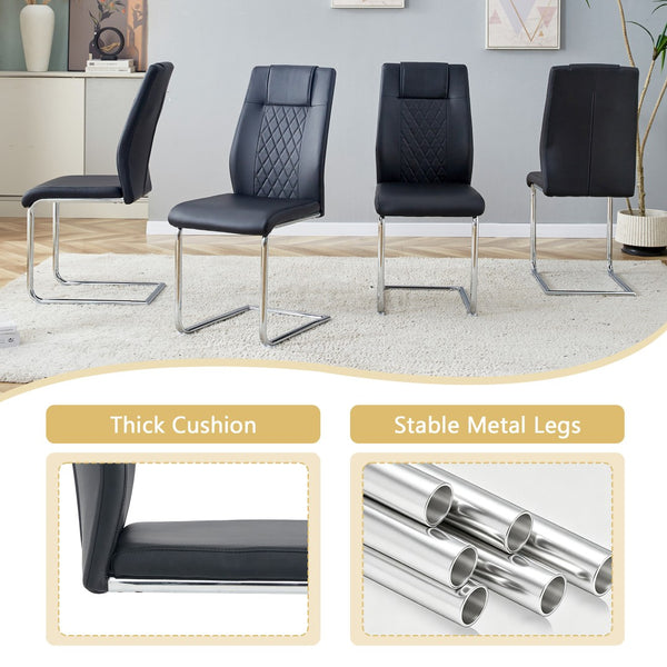 English Elm Table and Chair Set Square Tempered Glass Top Silver Pedestal Base with 4 Pu Seats Black W1151S04982