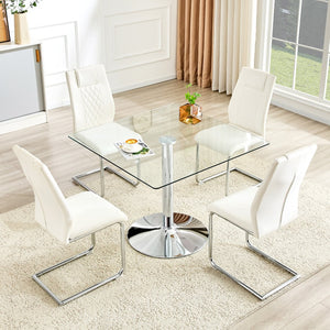 English Elm Table and Chair Set Square Tempered Glass Top Silver Pedestal Base with 4 Pu Seats White W1151S04983