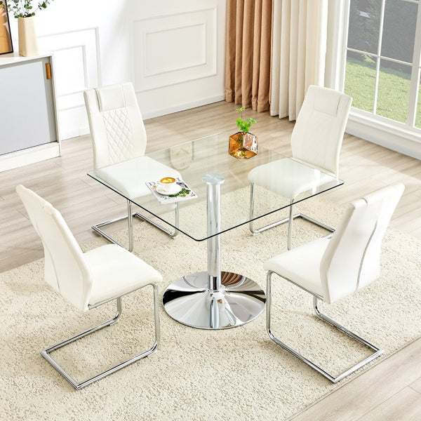 English Elm Table and Chair Set Square Tempered Glass Top Silver Pedestal Base with 4 Pu Seats White W1151S04983