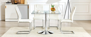 English Elm Table and Chair Set Square Tempered Glass Top Silver Pedestal Base with 4 Pu Seats White W1151S04983