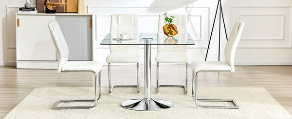English Elm Table and Chair Set Square Tempered Glass Top Silver Pedestal Base with 4 Pu Seats White W1151S04983