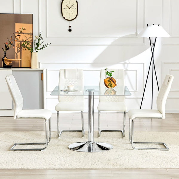 English Elm Table and Chair Set Square Tempered Glass Top Silver Pedestal Base with 4 Pu Seats White W1151S04983