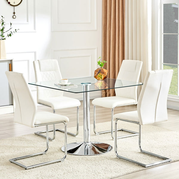 English Elm Table and Chair Set Square Tempered Glass Top Silver Pedestal Base with 4 Pu Seats White W1151S04983