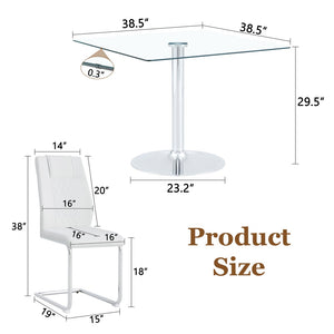 English Elm Table and Chair Set Square Tempered Glass Top Silver Pedestal Base with 4 Pu Seats White W1151S04983
