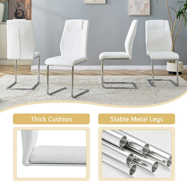 English Elm Table and Chair Set Square Tempered Glass Top Silver Pedestal Base with 4 Pu Seats White W1151S04983