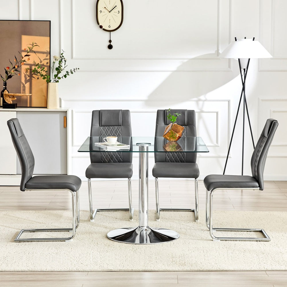 English Elm Table and Chair Set Square Tempered Glass Top Silver Pedestal Base with 4 Pu Seats Dark Gray W1151S04984