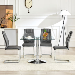 English Elm Table and Chair Set Square Tempered Glass Top Silver Pedestal Base with 4 Pu Seats Dark Gray W1151S04984