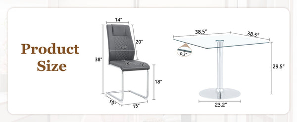 English Elm Table and Chair Set Square Tempered Glass Top Silver Pedestal Base with 4 Pu Seats Dark Gray W1151S04984