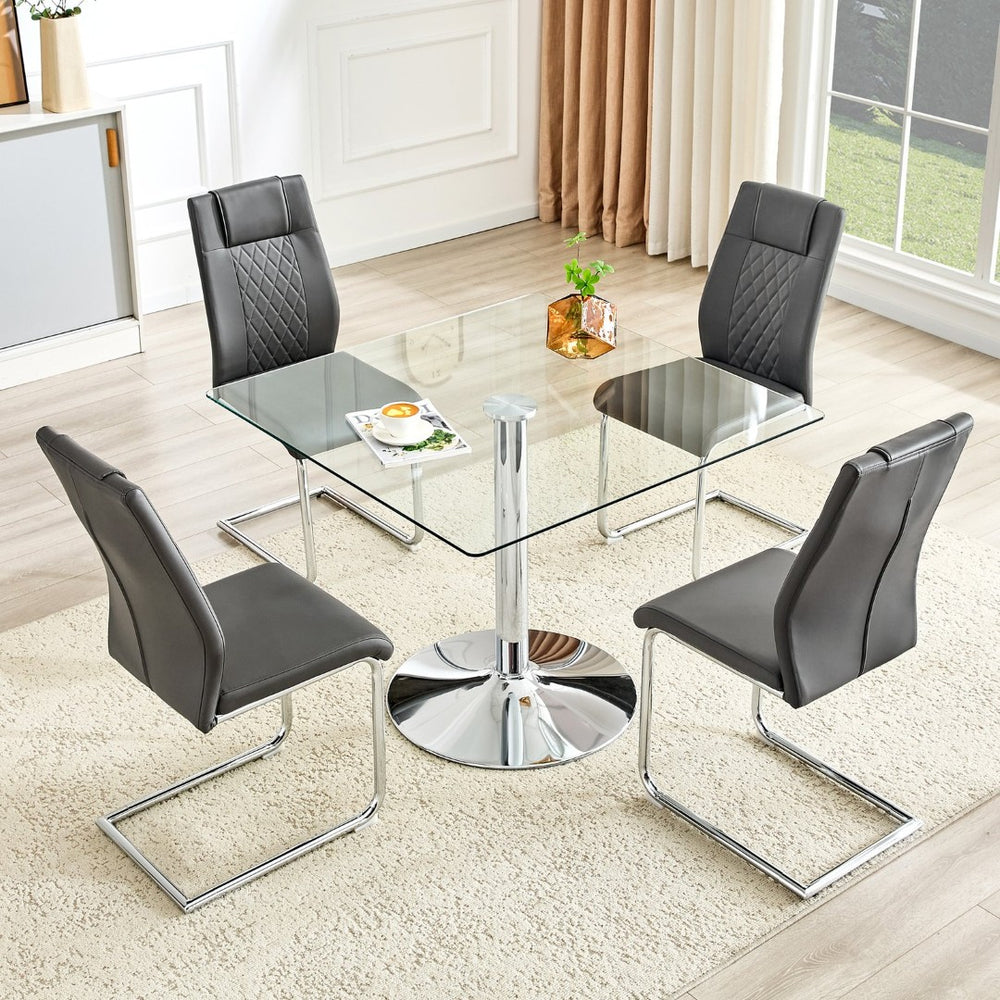 English Elm Table and Chair Set Square Tempered Glass Top Silver Pedestal Base with 4 Pu Seats Dark Gray W1151S04984