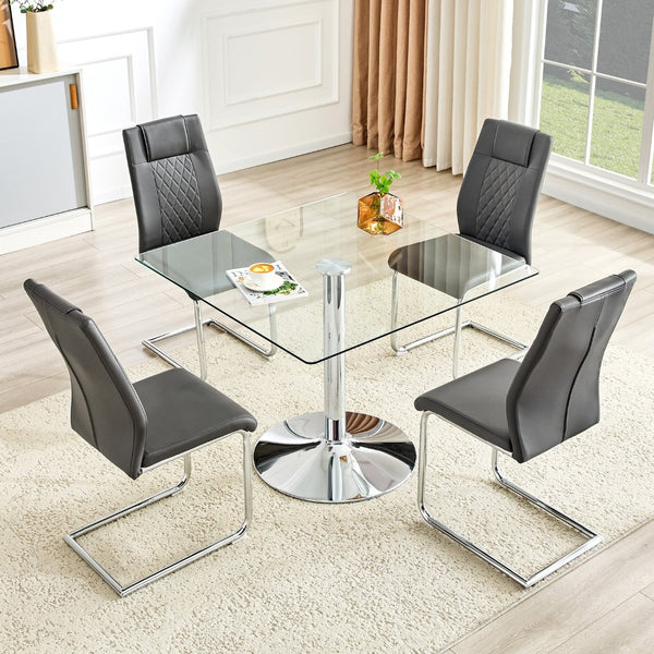 English Elm Table and Chair Set Square Tempered Glass Top Silver Pedestal Base with 4 Pu Seats Dark Gray W1151S04984