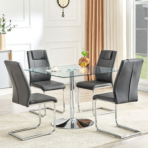 English Elm Table and Chair Set Square Tempered Glass Top Silver Pedestal Base with 4 Pu Seats Dark Gray W1151S04984